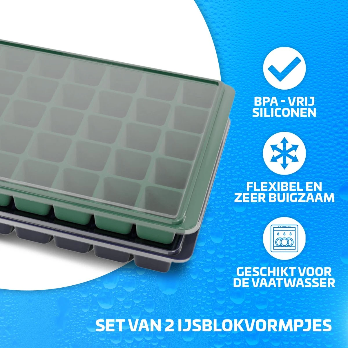 Nince Siliconen IJsblokjesvorm Met Deksel (2 Stuks) - 80 Ijsblokjes - BPA Vrij - Blauw En Grijs - Afbeelding 3