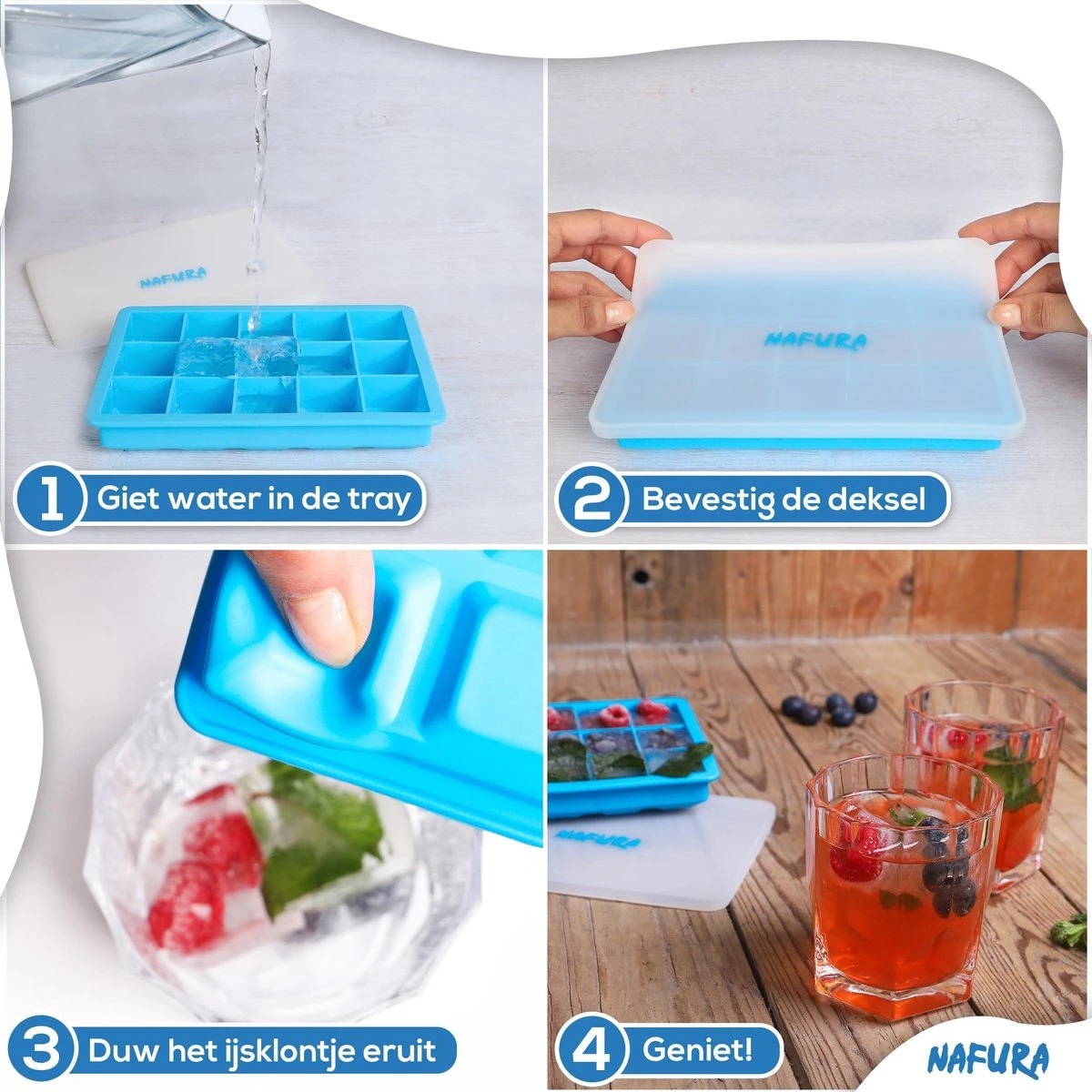 Nafura® Siliconen IJsblokjesvorm Met Deksel (4 Stuks) – IJsvormpjes Maker – IJsklontjes Vorm - Herbruikbaar – BPA Vrij - Vierkant - Afbeelding 9