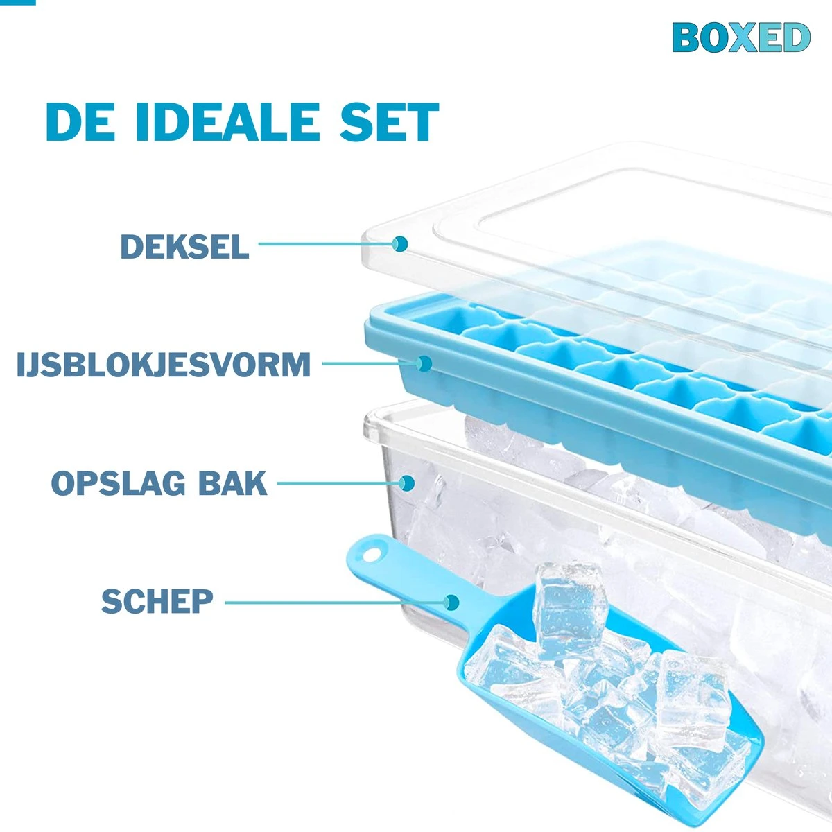 Boxed IJsblokjesvorm Met Bak, Schep En Deksel - IJsvormpjes Maker - Silcione IJsklontjes Vorm - Blauw - Afbeelding 3