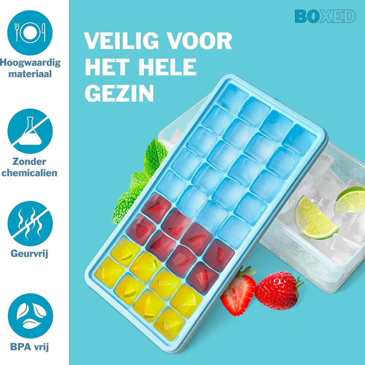 Boxed IJsblokjesvorm Met Bak, Schep En Deksel - IJsvormpjes Maker - Silcione IJsklontjes Vorm - Blauw - Afbeelding 4