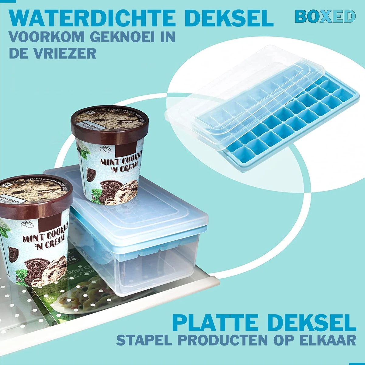 Boxed IJsblokjesvorm Met Bak, Schep En Deksel - IJsvormpjes Maker - Silcione IJsklontjes Vorm - Blauw - Afbeelding 6