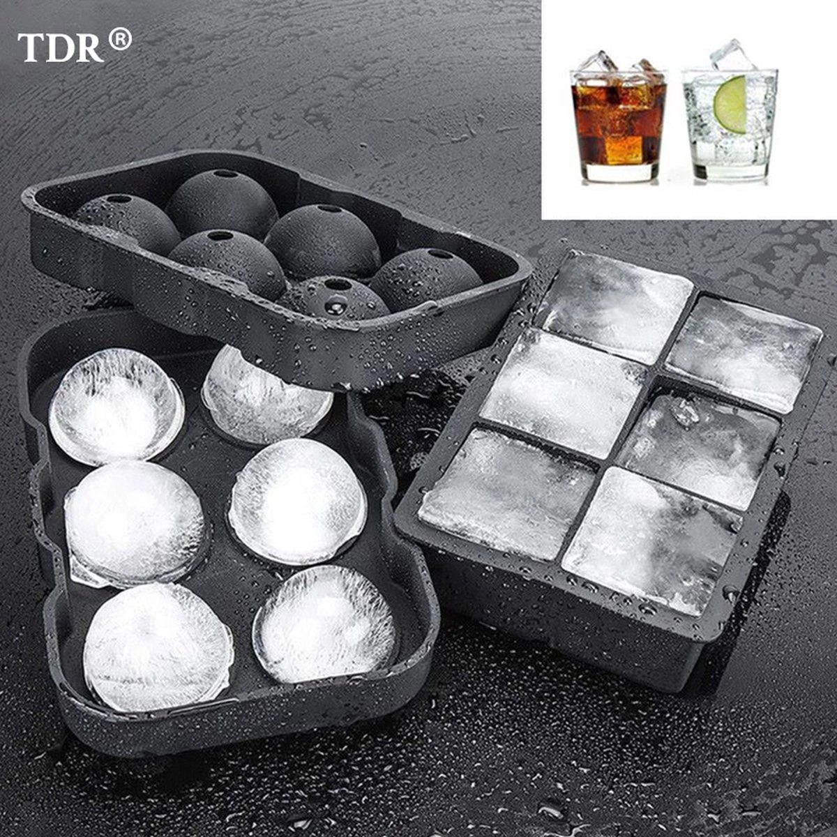 Luxe IJsblokvormen - Set Van 2 - 6 Grote Ronde Ijsballen En 6 Vierkante Ijsblokken - Voedselveilig Siliconen - Zwart