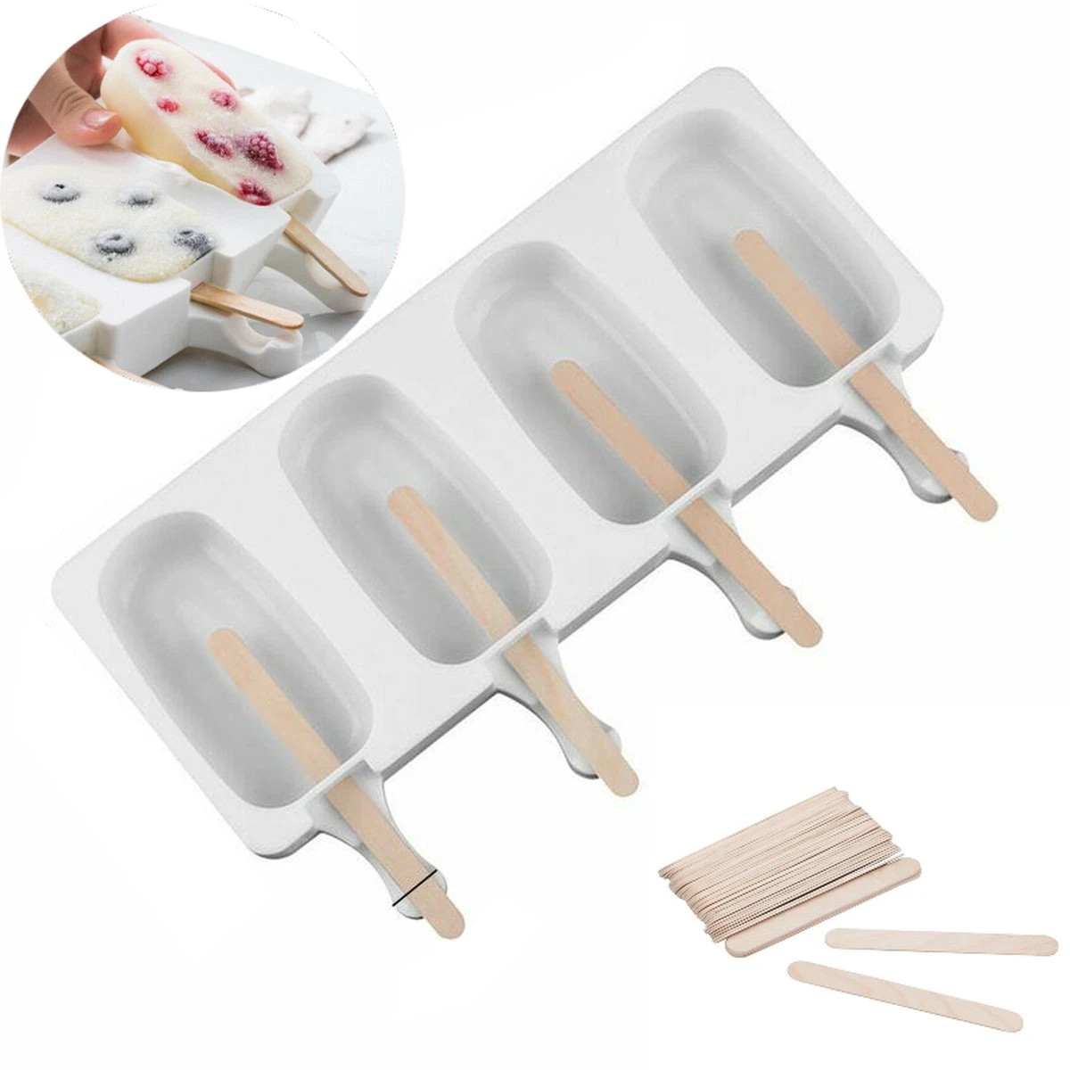 Merkloos Ijsvormpje Met 50 Ijsstokjes - Ijsvormpje Silicone - BPA Vrij - Ijsvormpje Magnum - Ijsstokjes Hout - Ijsloly Vormen