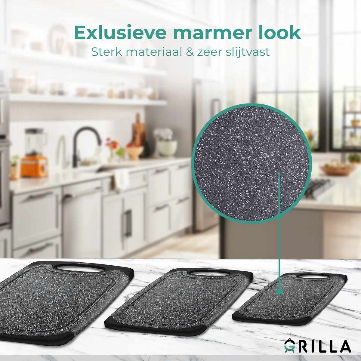 Grilla Snijplankenset - 3 Stuks - Marmer Look - Snijplank Set Kunststof - Afbeelding 2