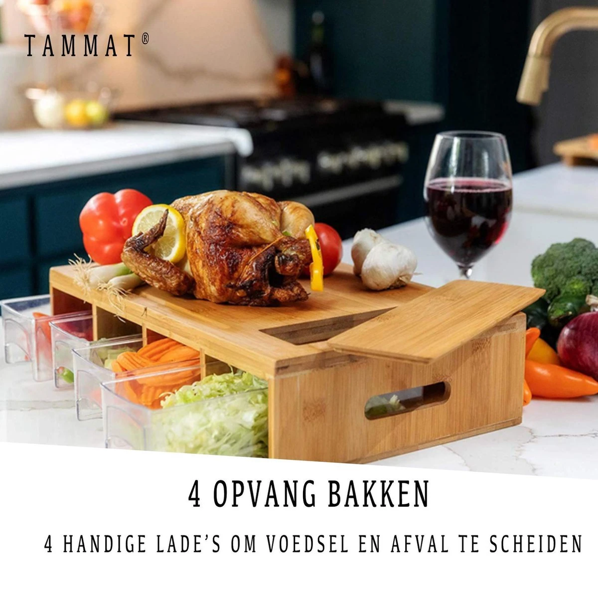 TammaT® Snijplank Hout - Met Opvangbakken - Bamboe Snijplank - Met Rasp - Stapelbaar Voorraadbakjes - Keuken Accessoires - Groentesnijder - Snijplank Hout - BBQ - Afbeelding 5