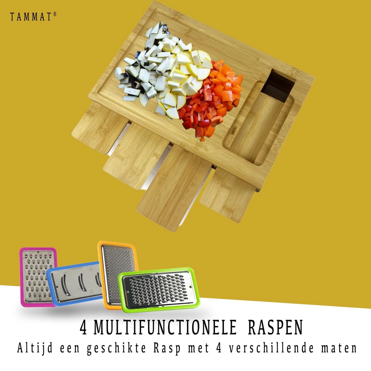 TammaT® Snijplank Hout - Met Opvangbakken - Bamboe Snijplank - Met Rasp - Stapelbaar Voorraadbakjes - Keuken Accessoires - Groentesnijder - Snijplank Hout - BBQ - Afbeelding 7
