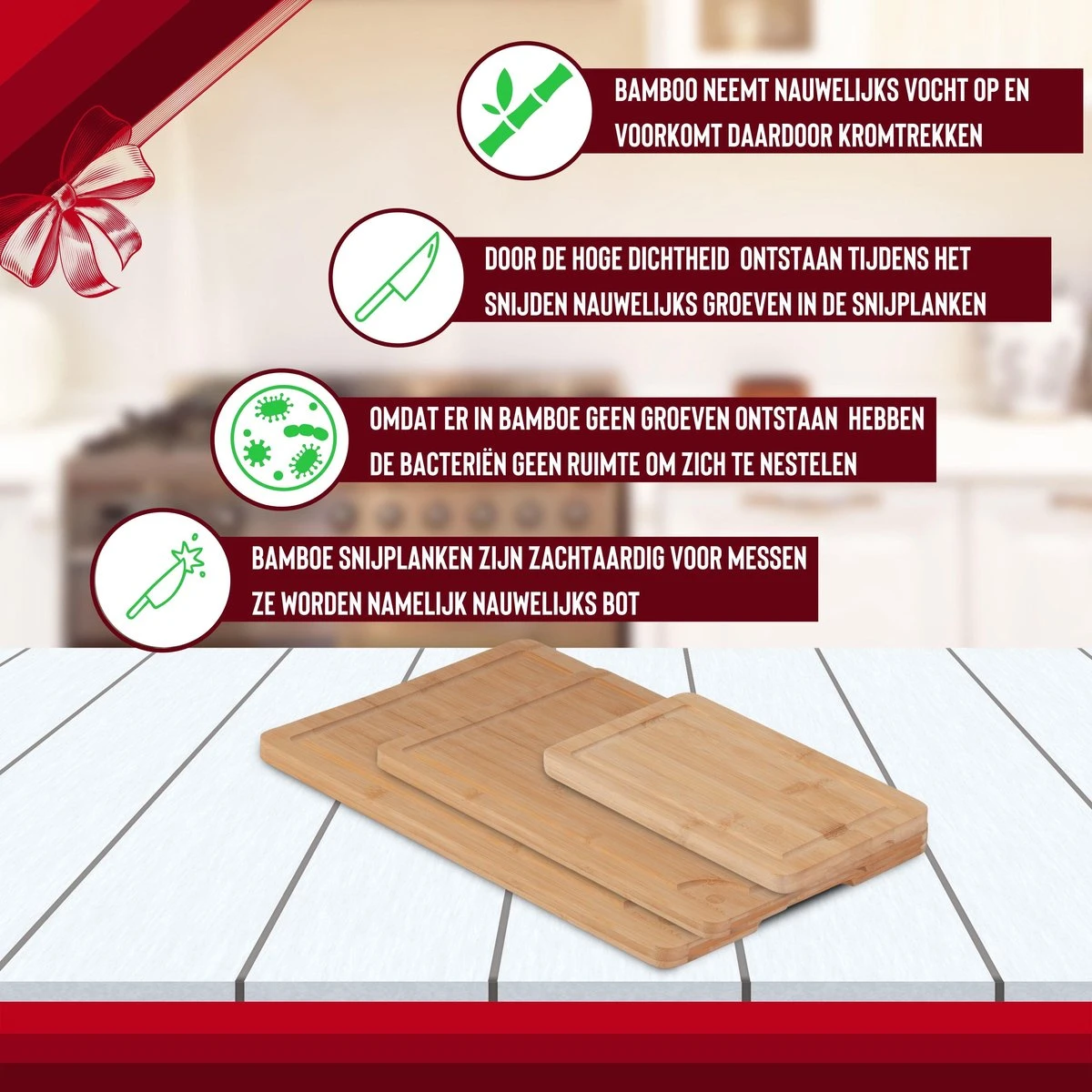 Rednas Bamboe Snijplank - Snijplanken Set - Borrelplank - Serveerplank - 3-delig - Hygiënisch En Duurzaam - Afbeelding 2