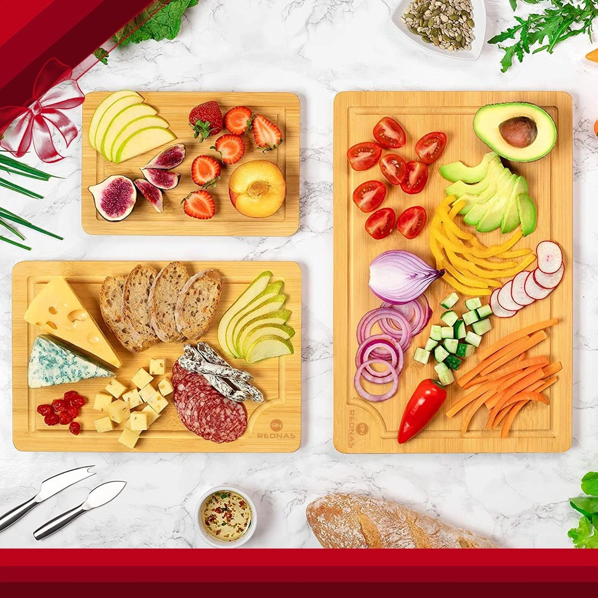 Rednas Bamboe Snijplank - Snijplanken Set - Borrelplank - Serveerplank - 3-delig - Hygiënisch En Duurzaam - Afbeelding 5