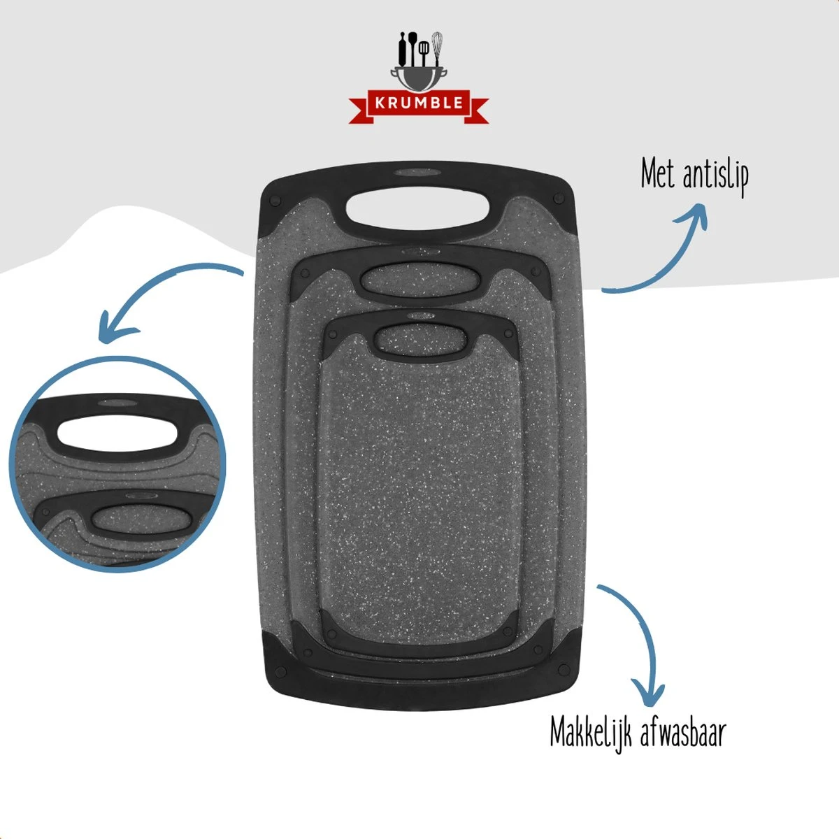Krumble Snijplanken - Set Van 3 - Met Anti-slip Handvaten - 3-delig - Vaatwas Bestendig - Snijplankenset - 3 Formaten - Antraciet - Zwart - Kunststof - Afbeelding 4