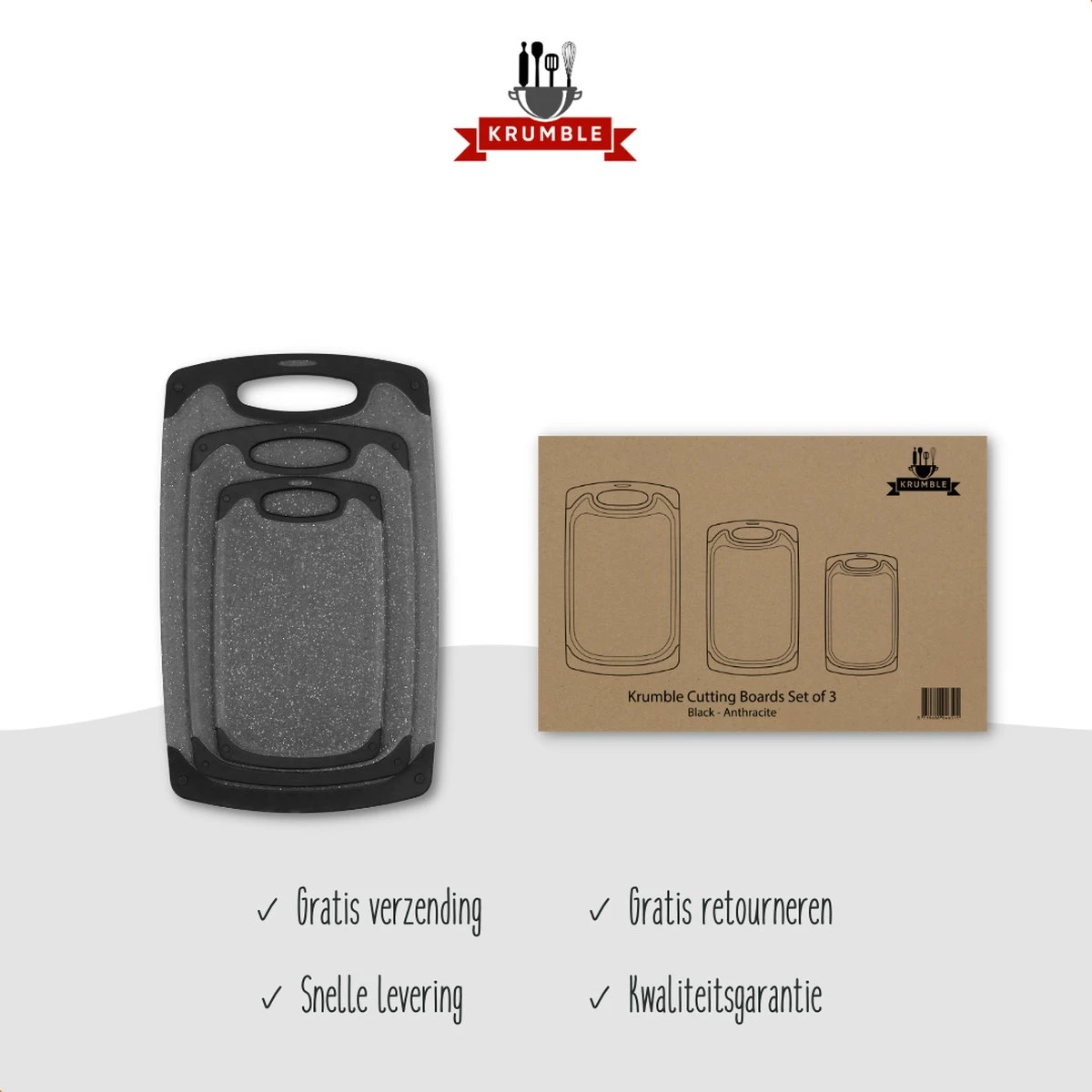 Krumble Snijplanken - Set Van 3 - Met Anti-slip Handvaten - 3-delig - Vaatwas Bestendig - Snijplankenset - 3 Formaten - Antraciet - Zwart - Kunststof - Afbeelding 6