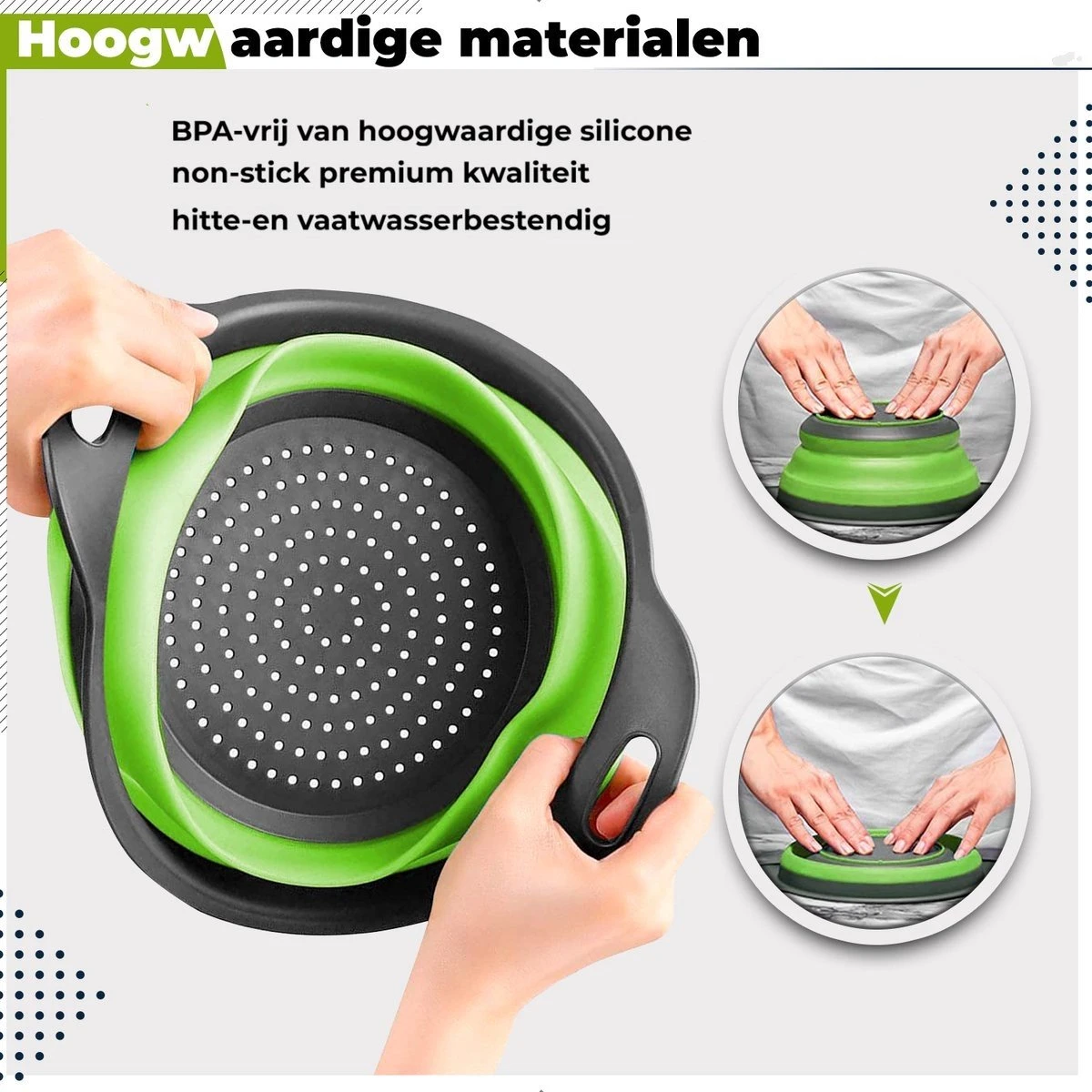 Royalty Line Vergiet Opvouwbaar - Keukenzeef - Vergieten & Zeven 2 Groot En 1 Klein - Keukengerei - Set Van 3 - Siliconen Vergiet - Inklapbare Zeef - Tuinzeef - BPA Vrij - Vaatwasbestendig - Hittebestendig - Makkelijk Opbergen - Rood/Groen/Blauw - Afbeelding 2