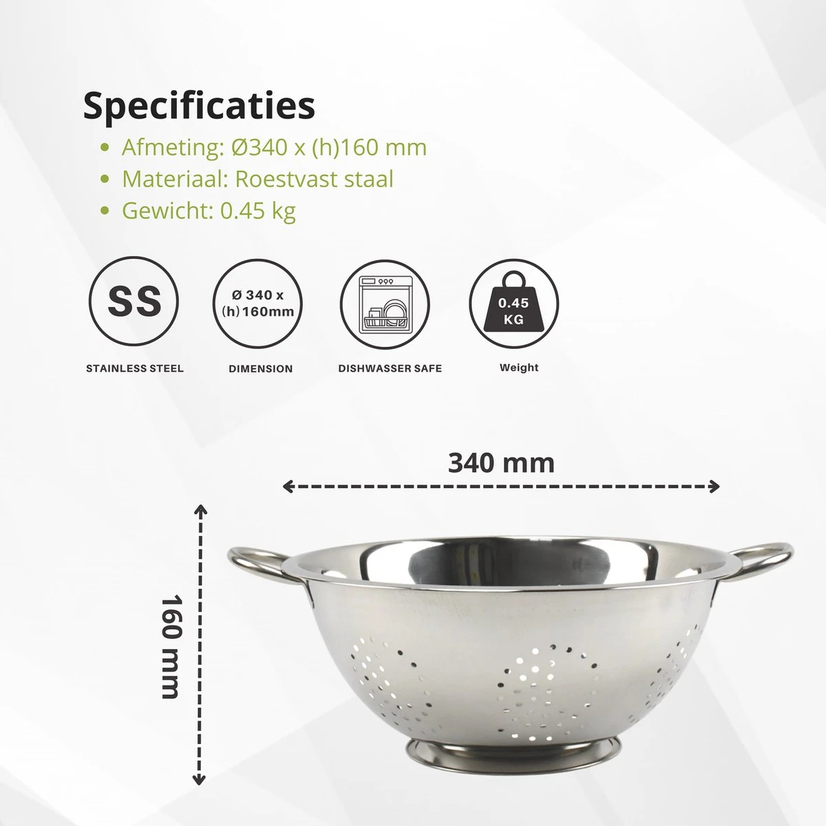 Veluw Vergiet RVS - Op Voet - 2 Grepen - Ø34 X (H)16cm - Keukengerei - Zeven - Afbeelding 3