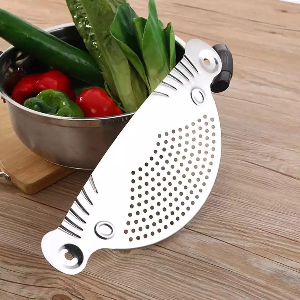 RVS Afgietdeksel- Afgiethulp Met Handvaten- Veilig Afgieten -Keuken Zeef- Vaatwasser Bestendig- Sieve- 26cm- Keuken Tool - Afbeelding 5