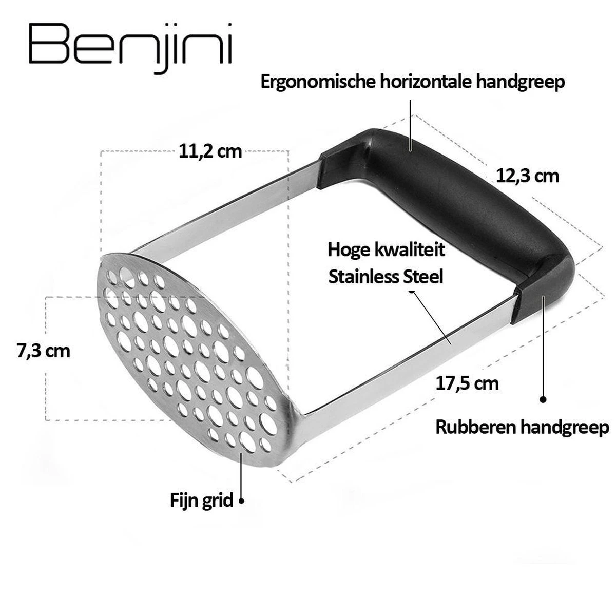 Aardappelstamper | Professioneel | Stamper | Pureestamper | Potato Masher | Pureerder | Stamppot Stamper | Matt Steel | Horizontale Handgreep | Professioneel | Ergonomische Handgreep | Handmatig | Vaatwasserbestendig - Afbeelding 6