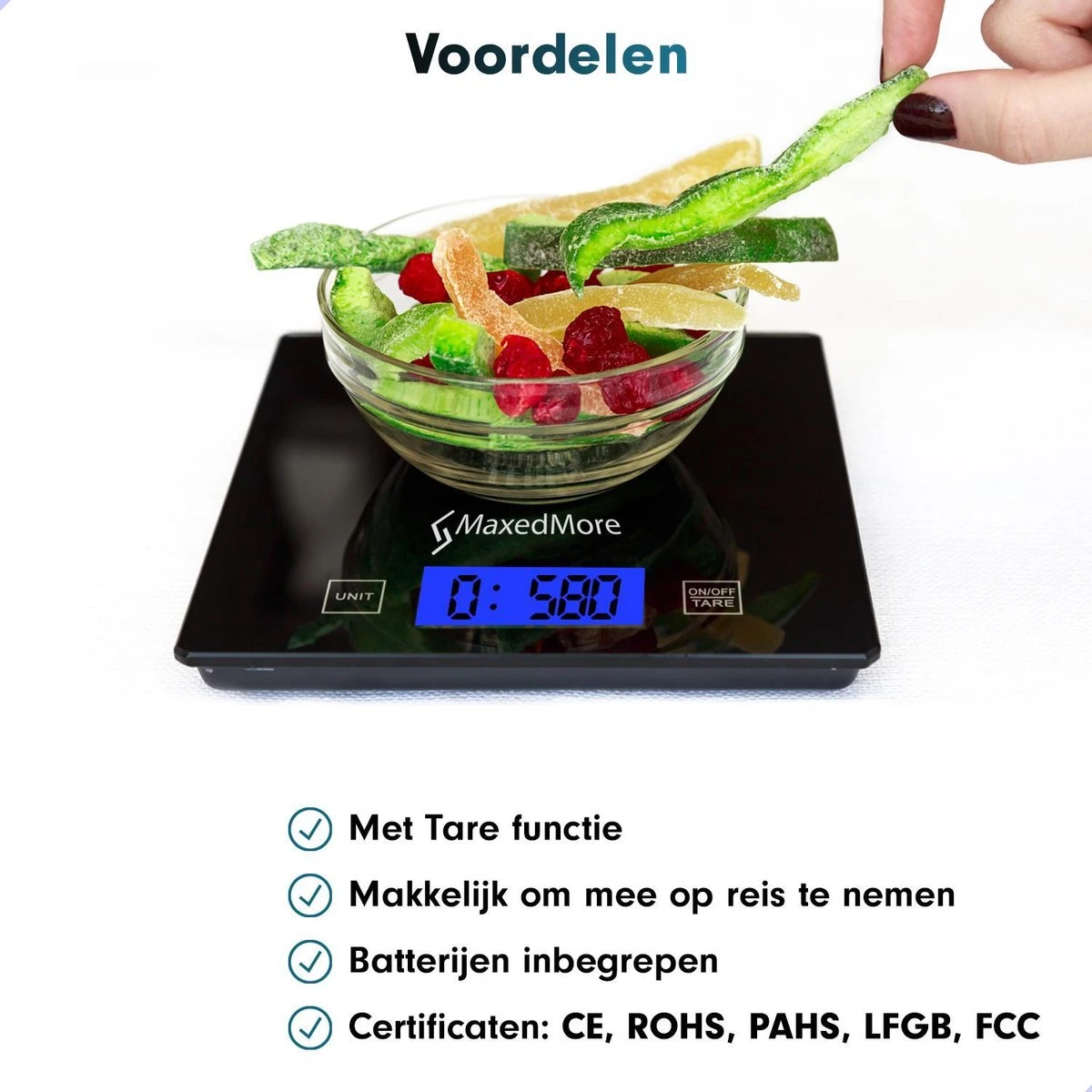 MaxedMore Digitale Keukenweegschaal Met Bluetooth En App - Digitale Precisie Weegschaal Voor Keuken - Tare / Tarra Functie - Weegt Tot 5000 Gram (5kg) - Werkt Op Batterijen - Smart Touch Bediening - Gemaakt Van Gehard Glas Met Antislip - Afbeelding 7