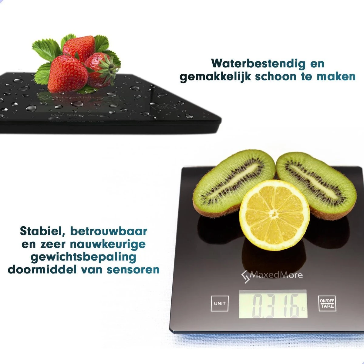 MaxedMore Digitale Keukenweegschaal Met Bluetooth En App - Digitale Precisie Weegschaal Voor Keuken - Tare / Tarra Functie - Weegt Tot 5000 Gram (5kg) - Werkt Op Batterijen - Smart Touch Bediening - Gemaakt Van Gehard Glas Met Antislip - Afbeelding 9