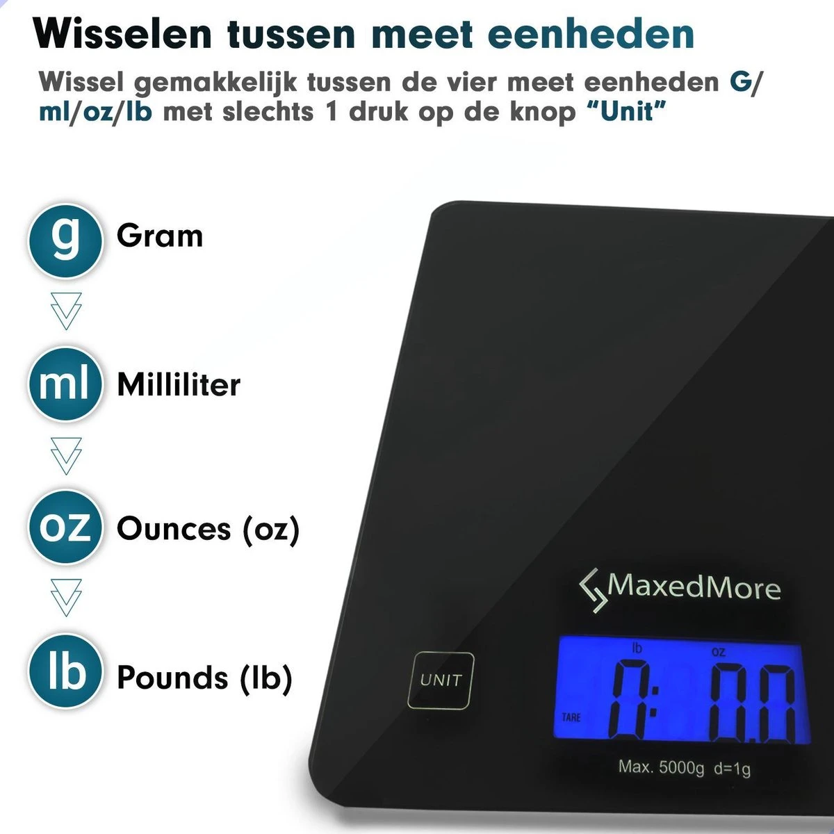 MaxedMore Digitale Keukenweegschaal Met Bluetooth En App - Digitale Precisie Weegschaal Voor Keuken - Tare / Tarra Functie - Weegt Tot 5000 Gram (5kg) - Werkt Op Batterijen - Smart Touch Bediening - Gemaakt Van Gehard Glas Met Antislip - Afbeelding 10