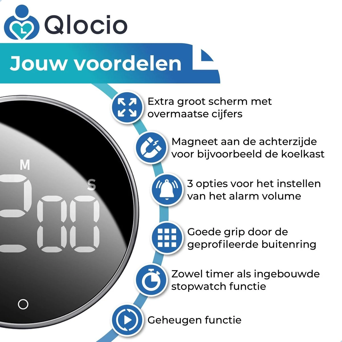 Qlocio Digitale Kookwekker Klok - Keukenwekker - Magnetisch - Zwart - Afbeelding 4