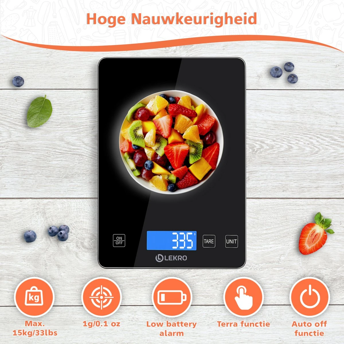 Lekro Digitale Precisie Keukenweegschaal – Weegschaal Keuken - 1gr-15kg – Tarra Functie - Zwart - Afbeelding 2