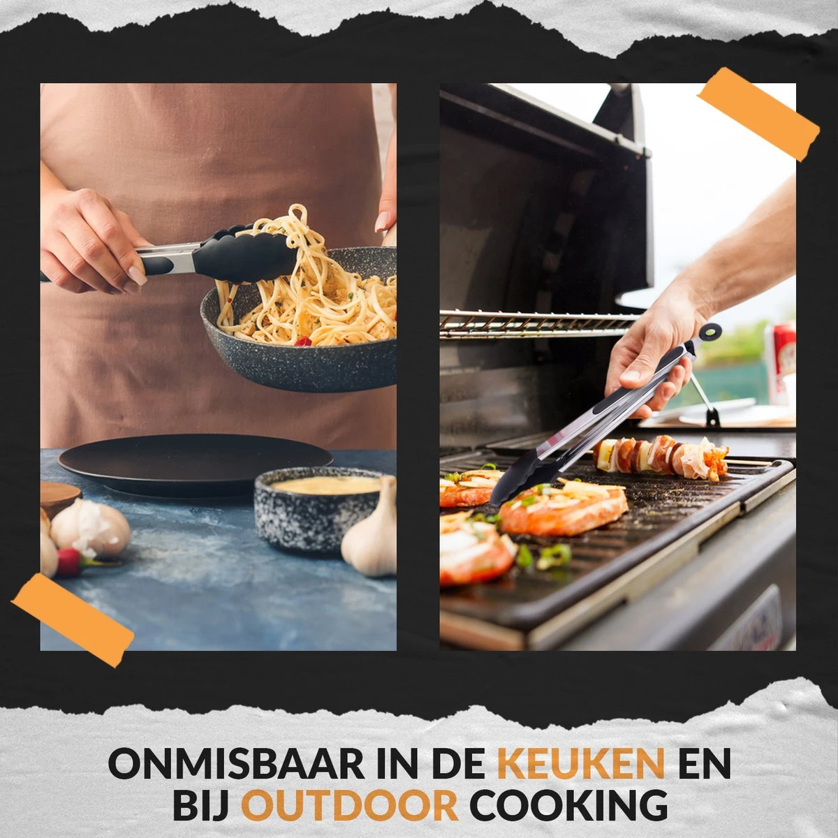 Merkloos Vleestang Voor In De Keuken Keukentang Serveertang BBQ Tang Accesoires Barbecuetang – Roestvrij Staal En Siliconen – Set Van 2 - Afbeelding 4
