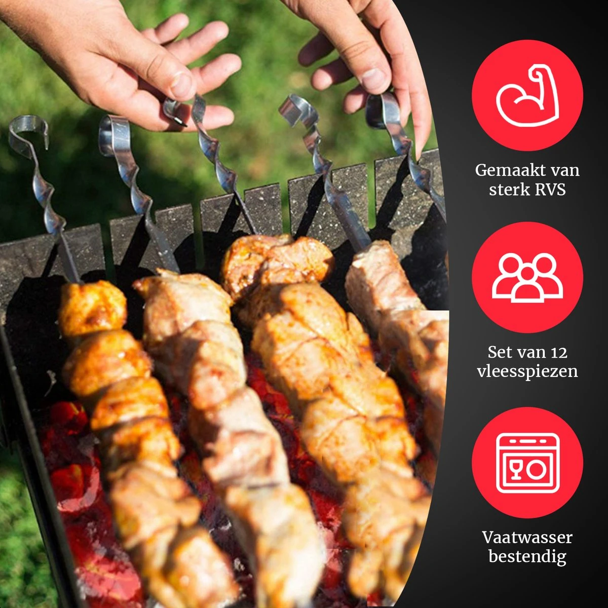 GrillX Barbecue Spiezen 12 Stuks - Luxe RVS Vleespennen 40cm - Kebab / Marshmallow Spiezen - BBQ Accesoires - Afbeelding 2