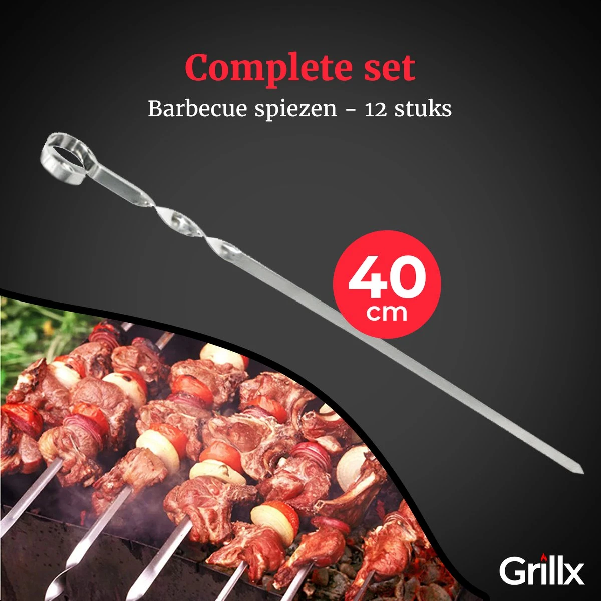 GrillX Barbecue Spiezen 12 Stuks - Luxe RVS Vleespennen 40cm - Kebab / Marshmallow Spiezen - BBQ Accesoires - Afbeelding 5