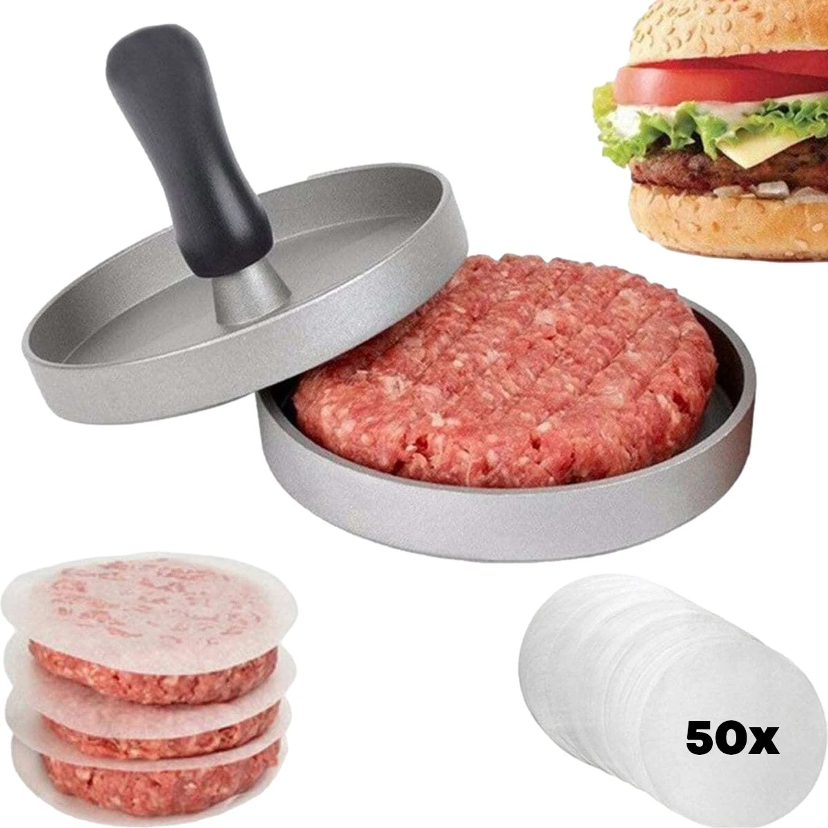 YUGN Hamburgerpers - Anti Aanbaklaag - RVS - BBQ Accessoires - Inclusief 50 Waxpapiertjes - Cadeau Tip