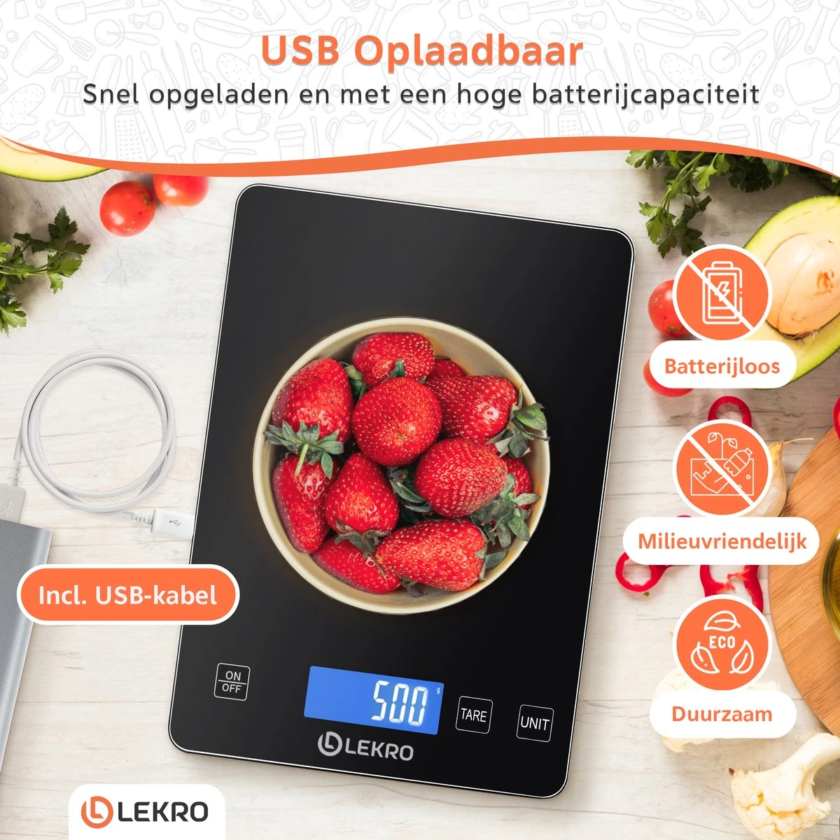 Lekro Digitale Precisie Keukenweegschaal – Weegschaal Keuken - USB Oplaadbaar - 1gr Tot 15kg – Tarra Functie - Zwart - Afbeelding 2