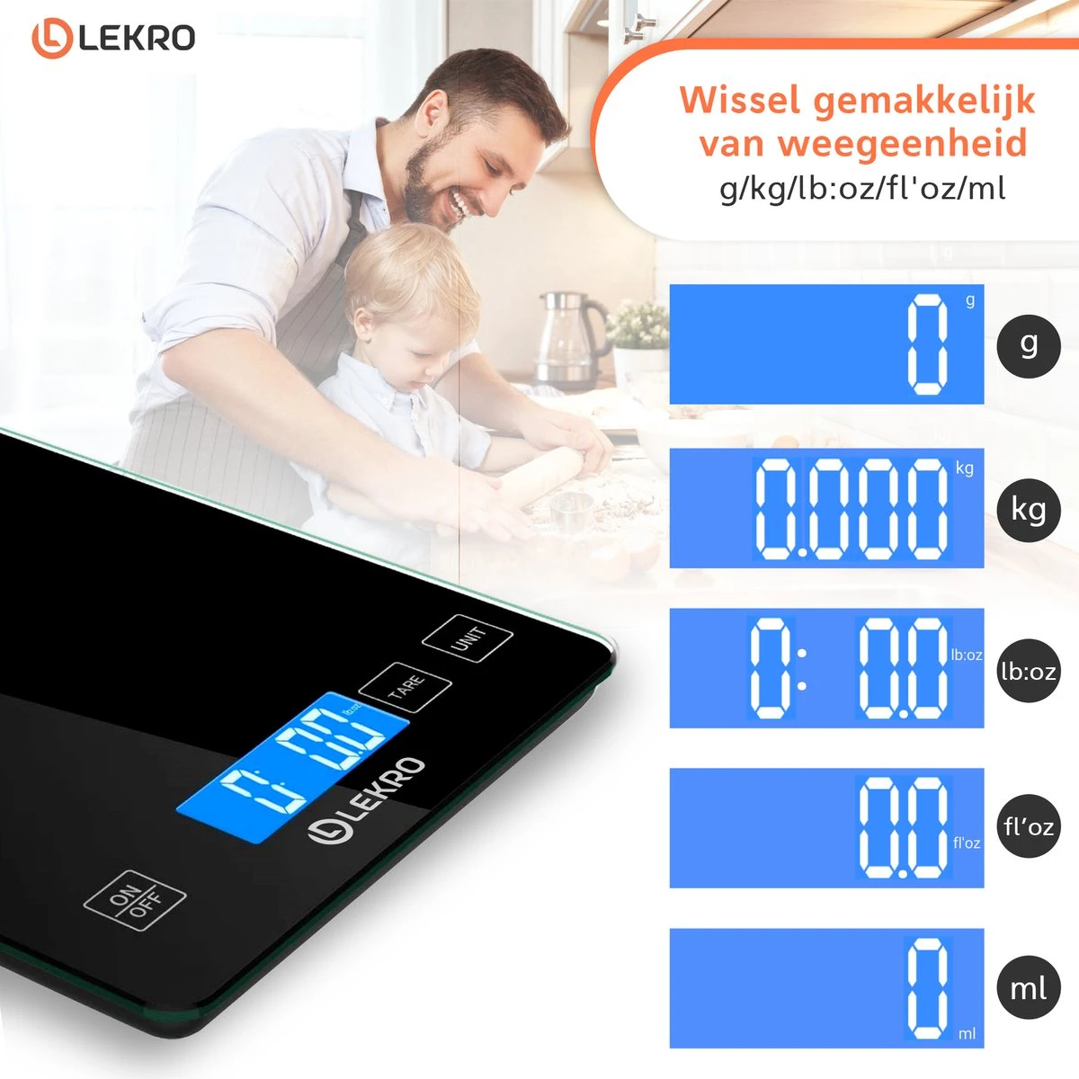Lekro Digitale Precisie Keukenweegschaal – Weegschaal Keuken - USB Oplaadbaar - 1gr Tot 15kg – Tarra Functie - Zwart - Afbeelding 5