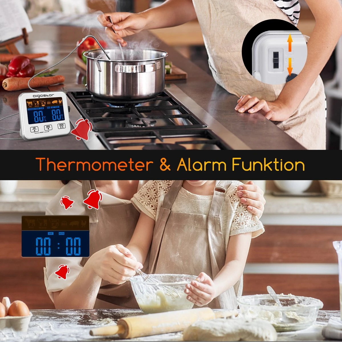 Aigostar 2-in-1 Magnetische Digitale Kern Thermometer Met Keuken Timer Alarm -0-250 Graden Celcius - Magnetische Vloeistof/Vlees Temperatuurmeter Met Meetsonde Draad & Kook Timer - Afbeelding 3