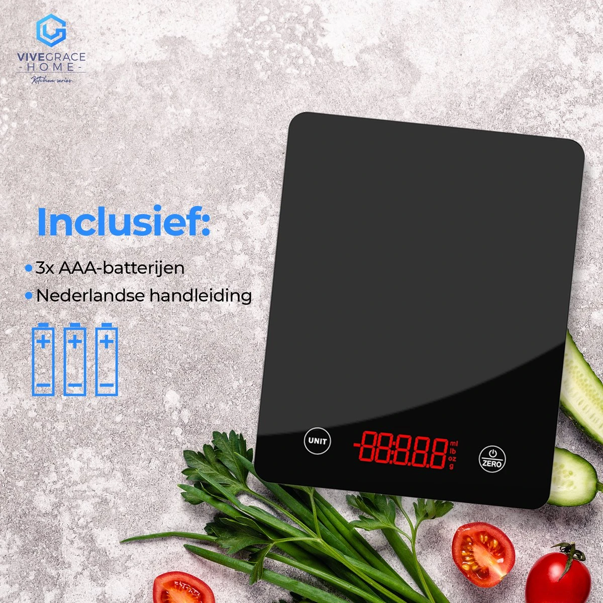 ViveGrace HOME® Digitale Precisie Keukenweegschaal - Met Tarra Functie - Gehard Glas - Incl Batterijen - Zwart - Afbeelding 2