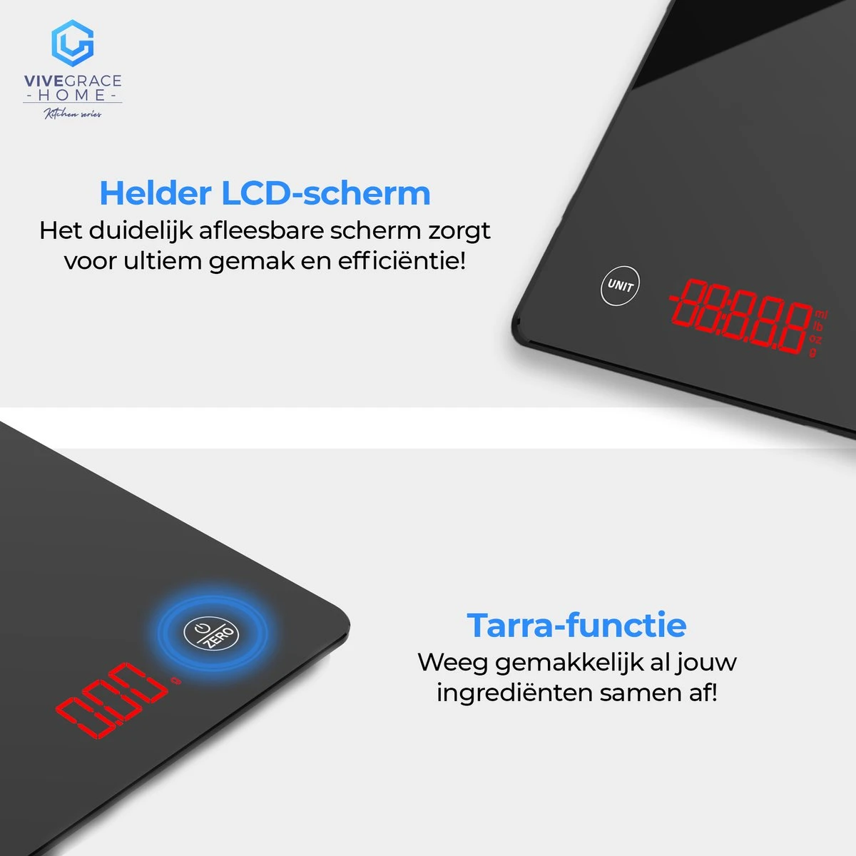 ViveGrace HOME® Digitale Precisie Keukenweegschaal - Met Tarra Functie - Gehard Glas - Incl Batterijen - Zwart - Afbeelding 4