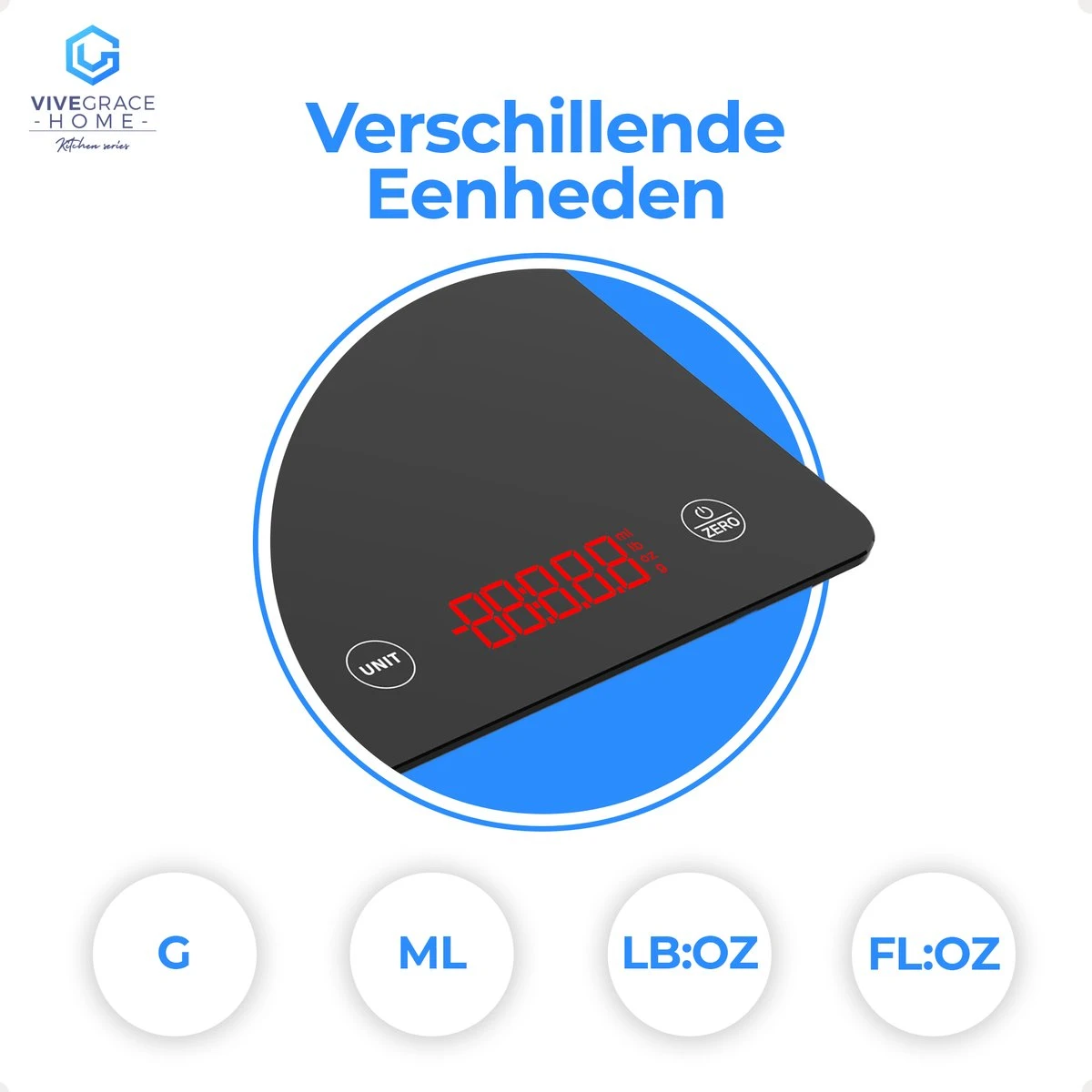 ViveGrace HOME® Digitale Precisie Keukenweegschaal - Met Tarra Functie - Gehard Glas - Incl Batterijen - Zwart - Afbeelding 7