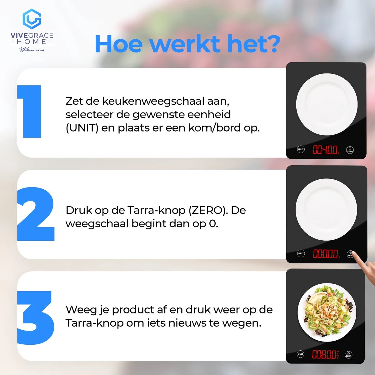 ViveGrace HOME® Digitale Precisie Keukenweegschaal - Met Tarra Functie - Gehard Glas - Incl Batterijen - Zwart - Afbeelding 8