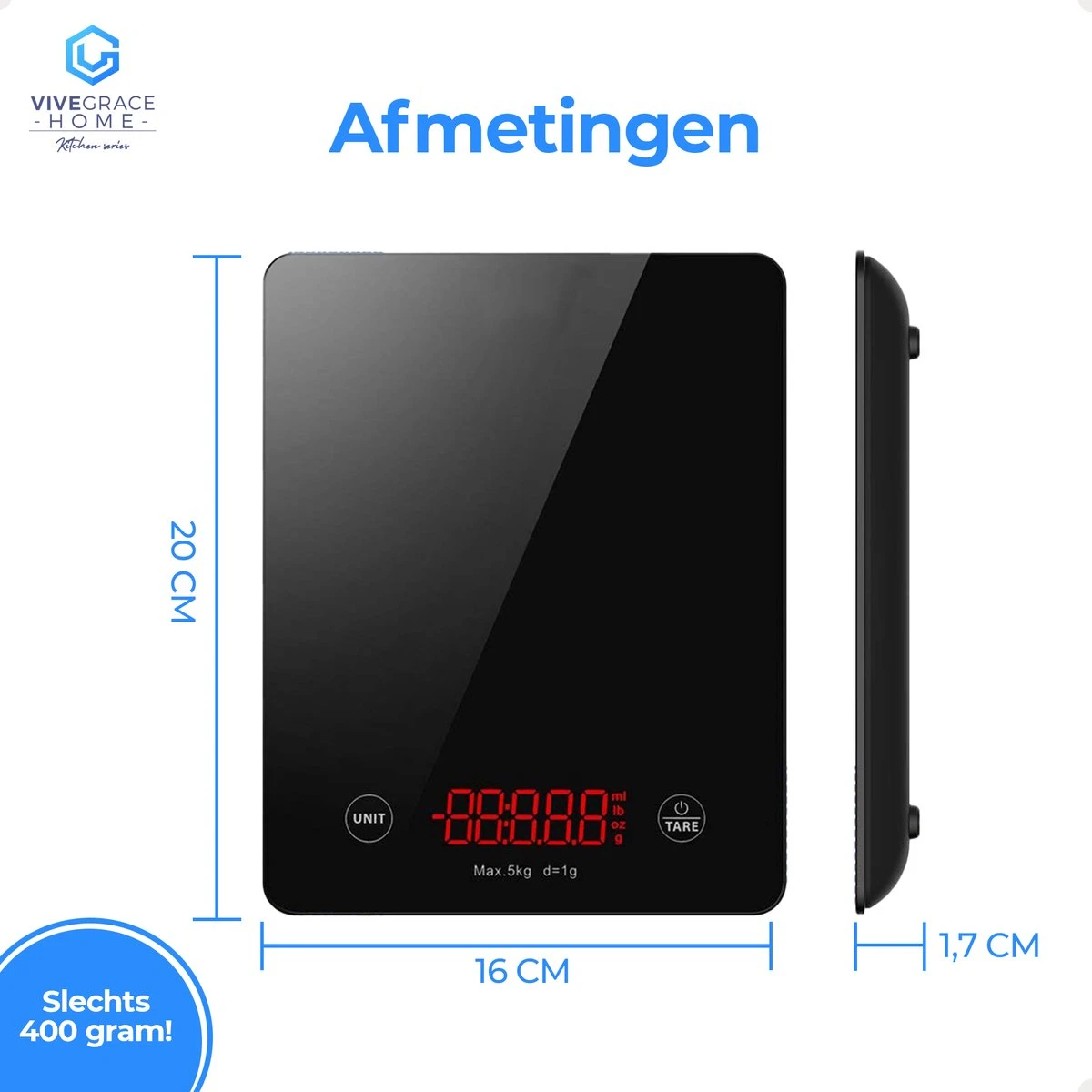 ViveGrace HOME® Digitale Precisie Keukenweegschaal - Met Tarra Functie - Gehard Glas - Incl Batterijen - Zwart - Afbeelding 9