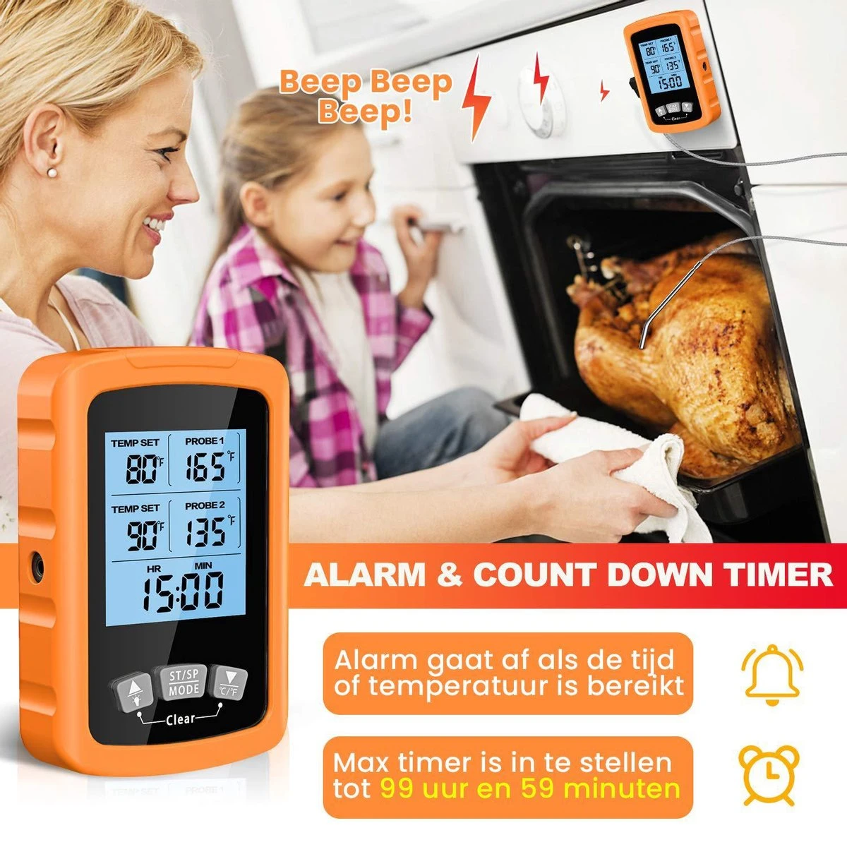 Vleesthermometer Dubbele Sonde - BBQ Thermometer Oranje Met Timer - Kernthermometer - Suikerthermometer - Kookthermometer - Afbeelding 2