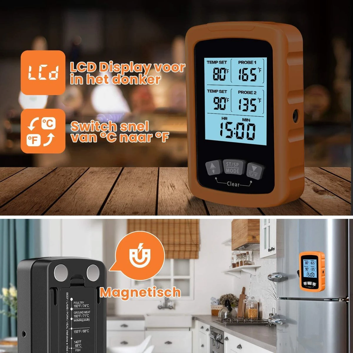 Vleesthermometer Dubbele Sonde - BBQ Thermometer Oranje Met Timer - Kernthermometer - Suikerthermometer - Kookthermometer - Afbeelding 3