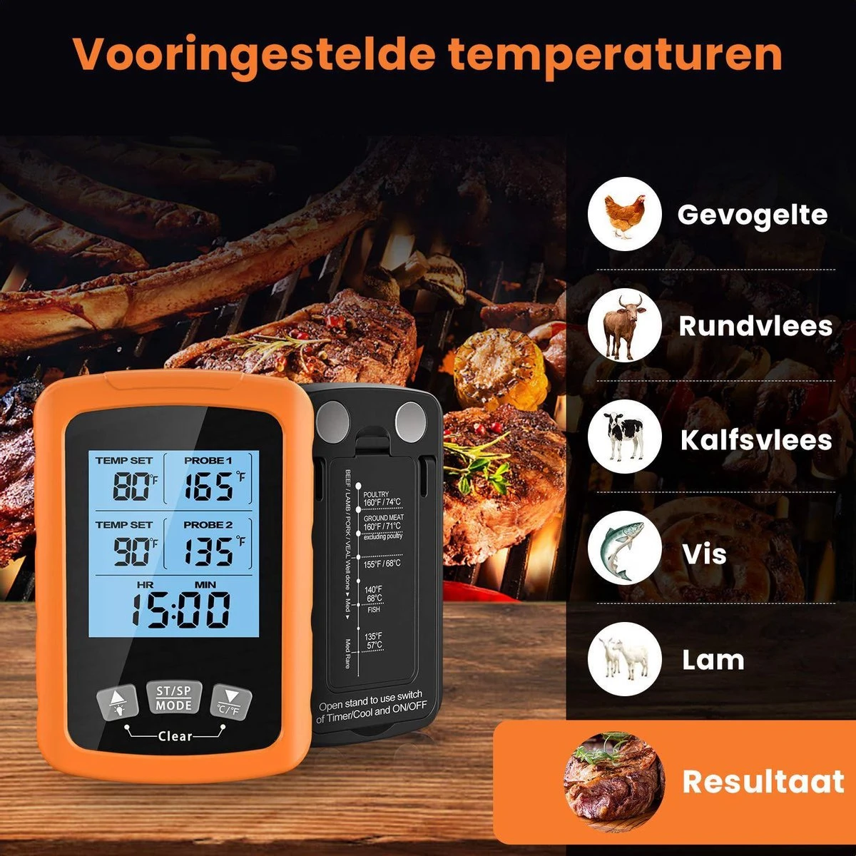 Vleesthermometer Dubbele Sonde - BBQ Thermometer Oranje Met Timer - Kernthermometer - Suikerthermometer - Kookthermometer - Afbeelding 4