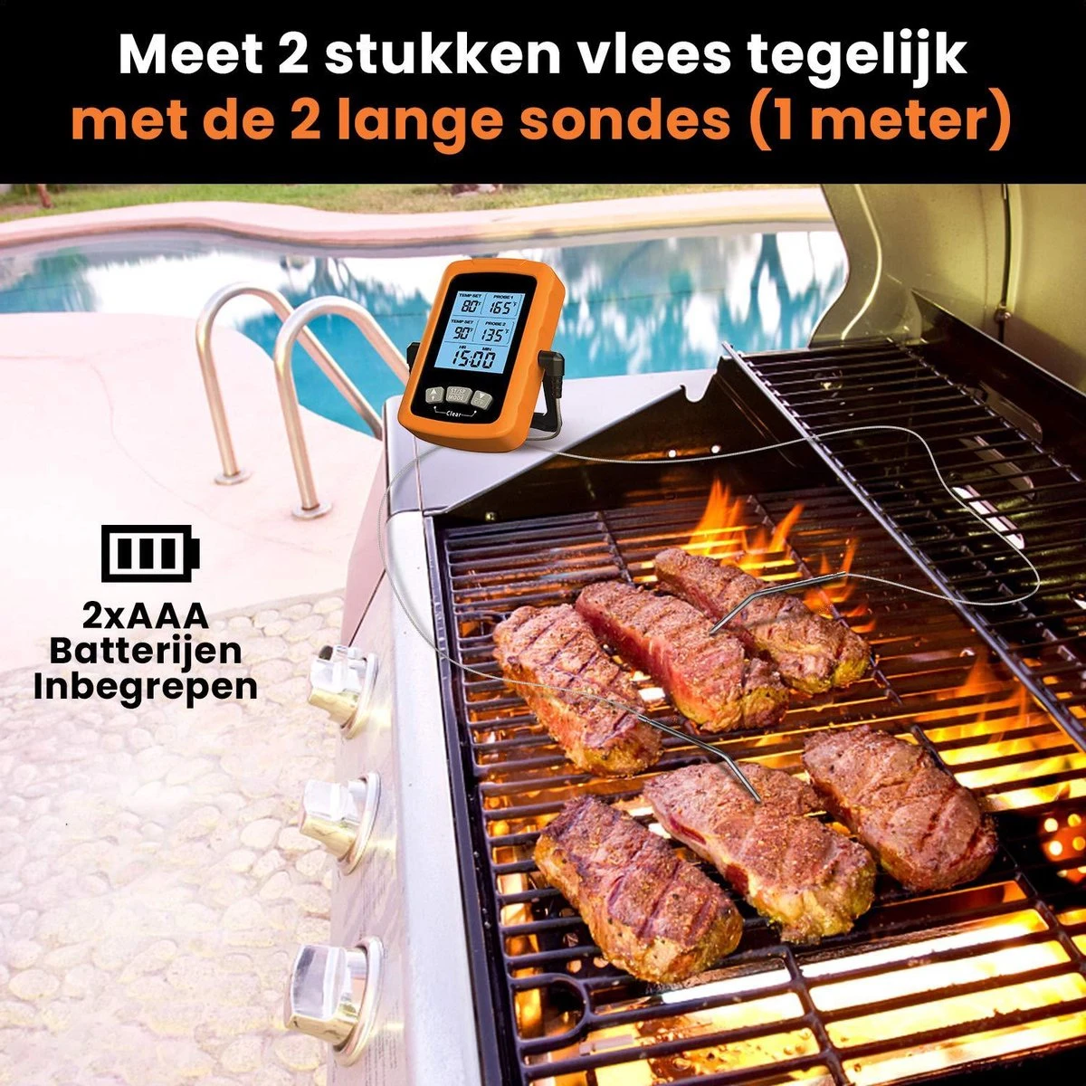 Vleesthermometer Dubbele Sonde - BBQ Thermometer Oranje Met Timer - Kernthermometer - Suikerthermometer - Kookthermometer - Afbeelding 5
