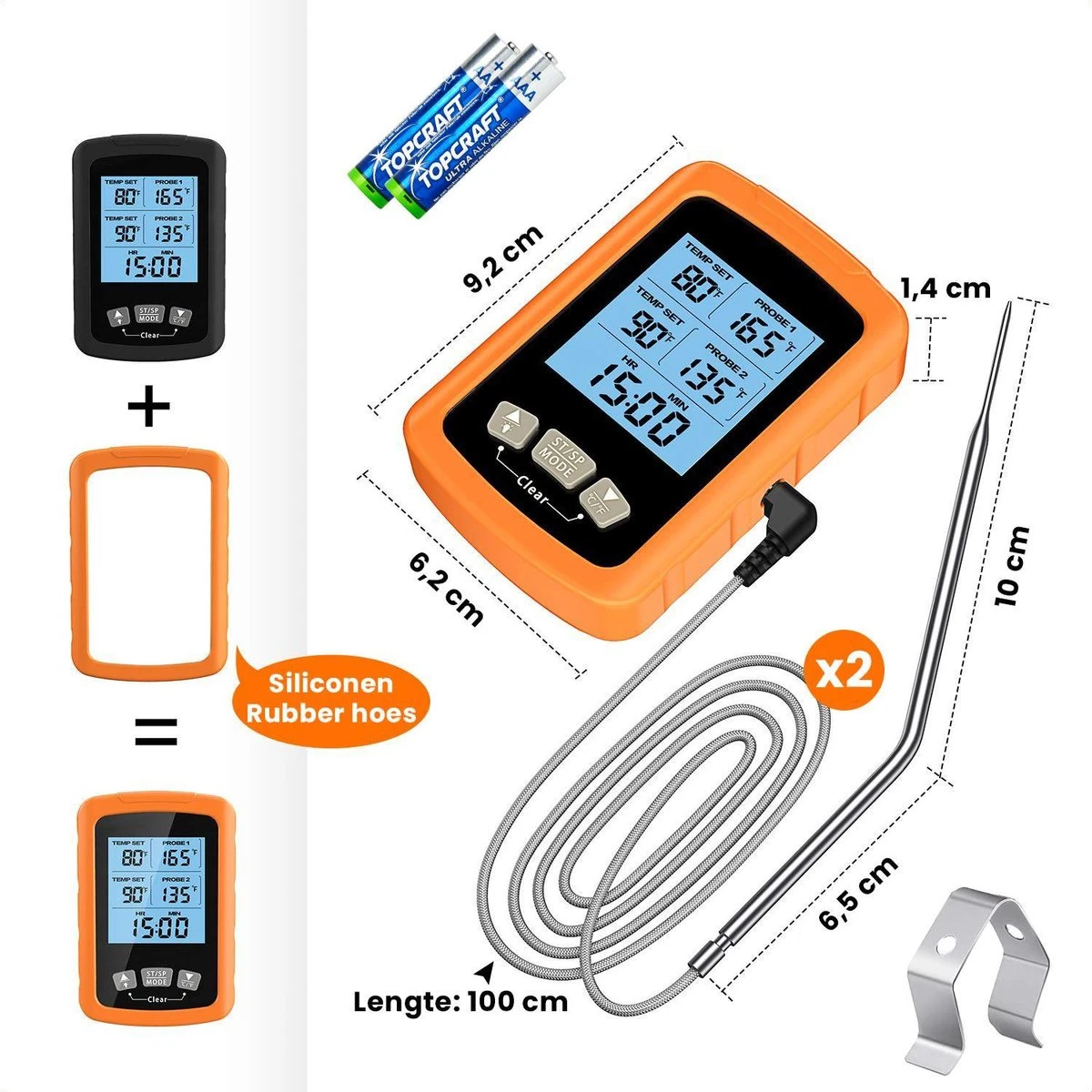 Vleesthermometer Dubbele Sonde - BBQ Thermometer Oranje Met Timer - Kernthermometer - Suikerthermometer - Kookthermometer - Afbeelding 7