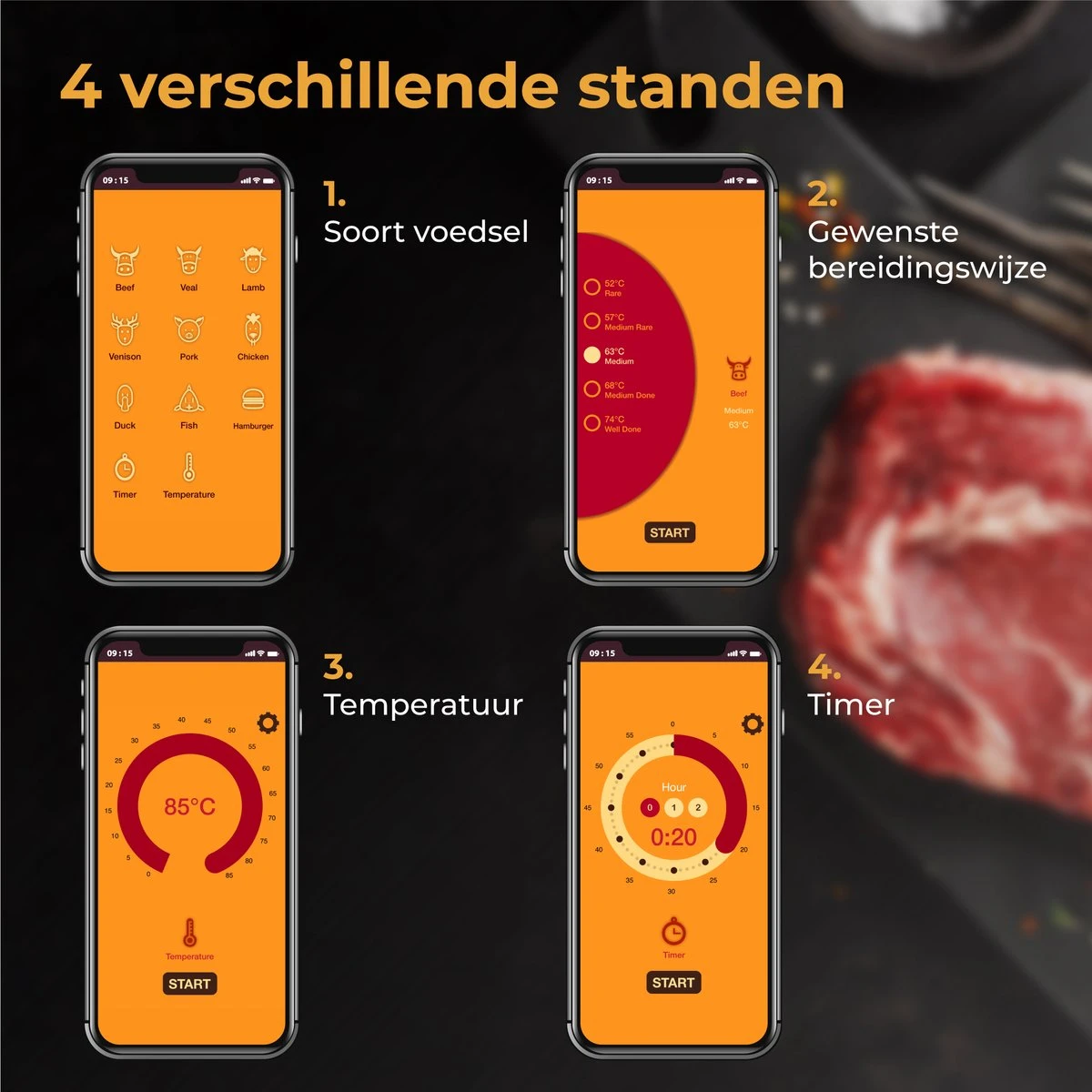 Nuvance - Vleesthermometer Draadloos Met App - BBQ Thermometer Met Bluetooth - Meater - Oventhermometer - BBQ Accesoires - RVS - Afbeelding 4