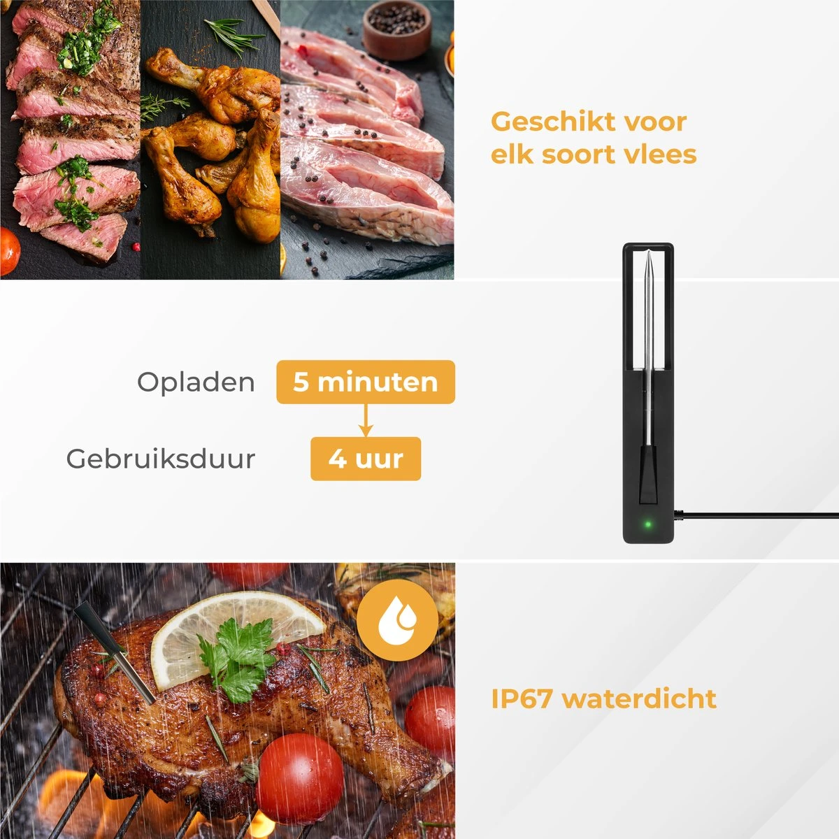 Nuvance - Vleesthermometer Draadloos Met App - BBQ Thermometer Met Bluetooth - Meater - Oventhermometer - BBQ Accesoires - RVS - Afbeelding 6