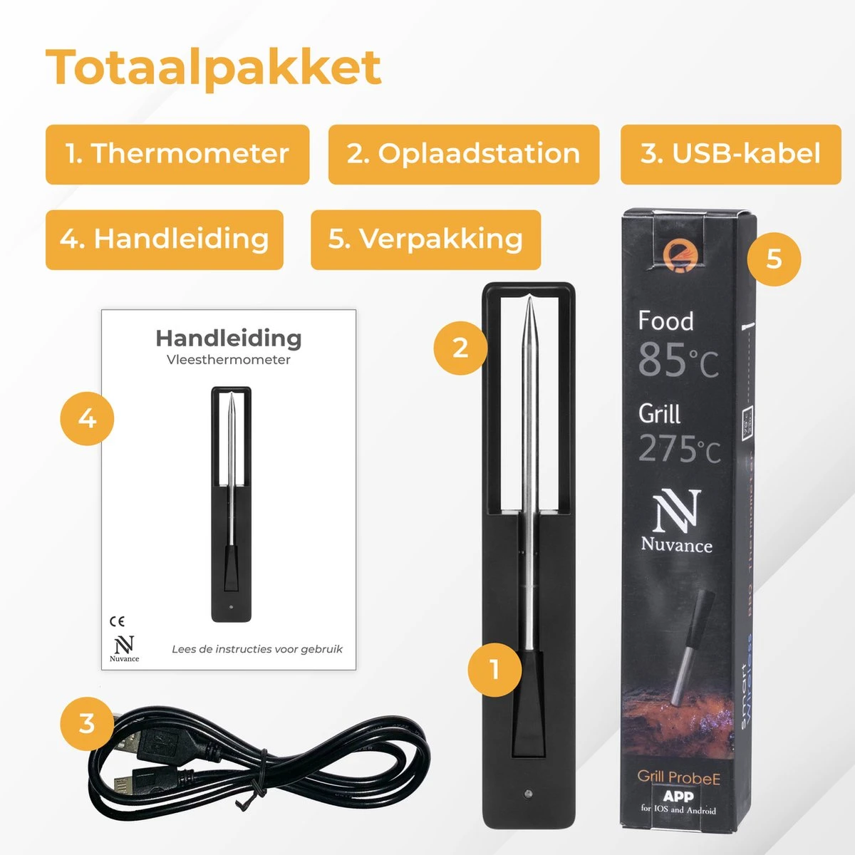 Nuvance - Vleesthermometer Draadloos Met App - BBQ Thermometer Met Bluetooth - Meater - Oventhermometer - BBQ Accesoires - RVS - Afbeelding 9