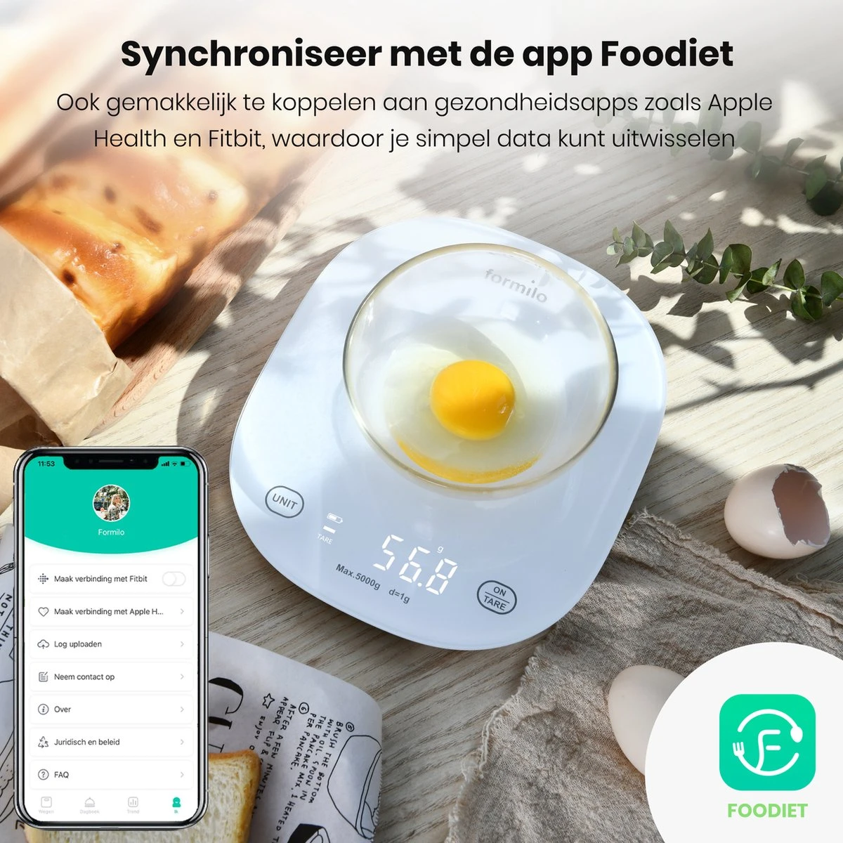 Formilo Digitale Precisie Keukenweegschaal Met App - Weegschaal Keuken Met Tarra Functie - 1gr Tot 5kg - Inclusief Batterijen - Wit - Afbeelding 5
