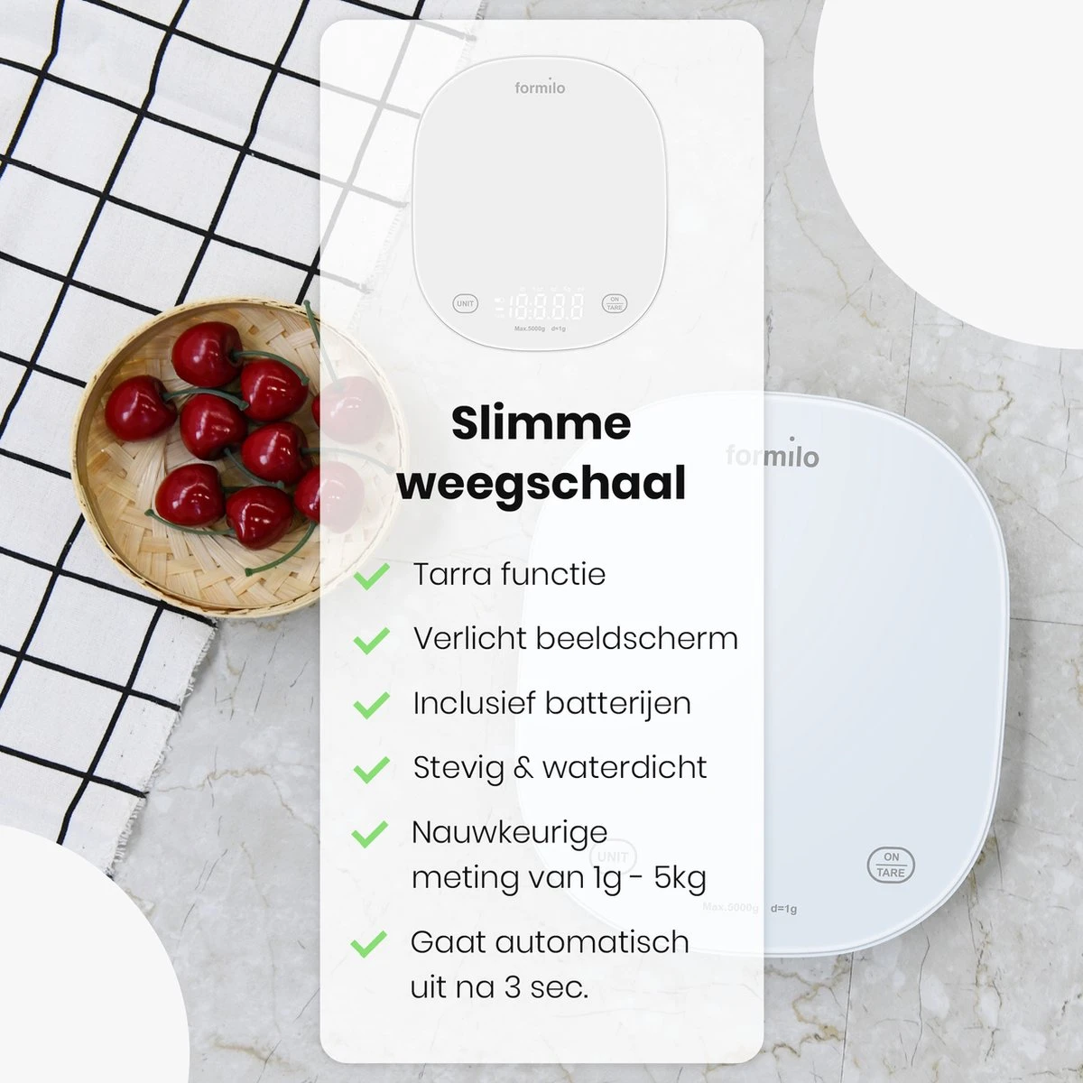 Formilo Digitale Precisie Keukenweegschaal Met App - Weegschaal Keuken Met Tarra Functie - 1gr Tot 5kg - Inclusief Batterijen - Wit - Afbeelding 6