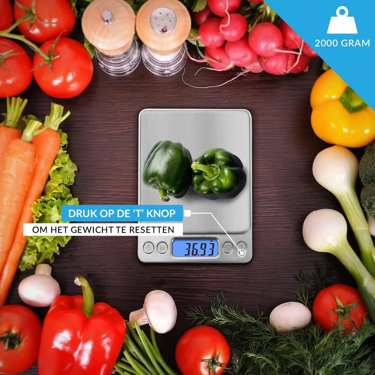 Keukenweegschaal Digitaal Met Kom - Precisie Weegschaal RVS - 2000g X 0.1g - Afbeelding 2