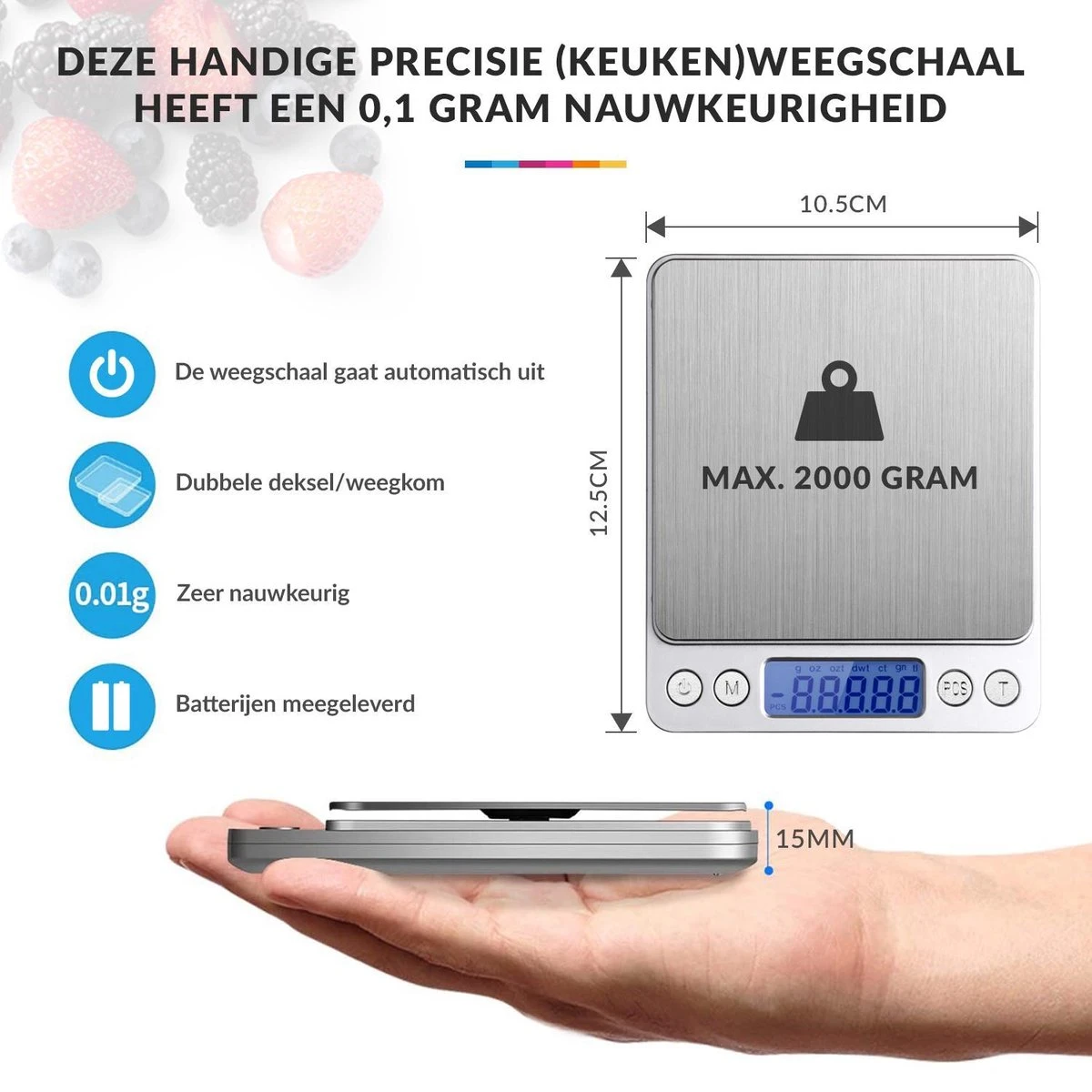 Keukenweegschaal Digitaal Met Kom - Precisie Weegschaal RVS - 2000g X 0.1g - Afbeelding 4