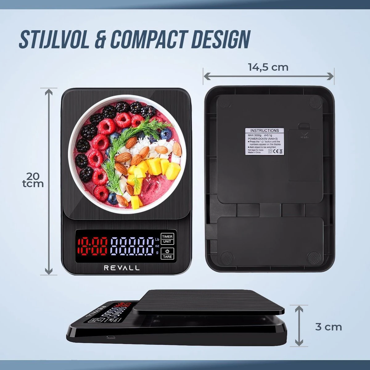 REVALL Digitale Precisie Keukenweegschaal - 0,5g Tot 3kg - Inclusief Batterijen - Zwart - Afbeelding 2