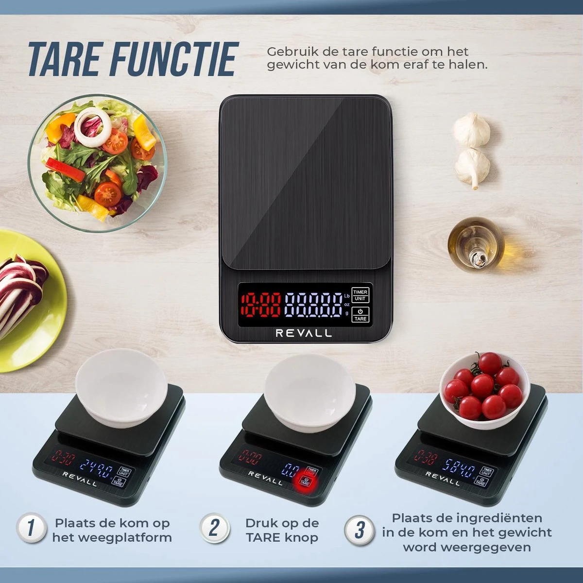 REVALL Digitale Precisie Keukenweegschaal - 0,5g Tot 3kg - Inclusief Batterijen - Zwart - Afbeelding 5