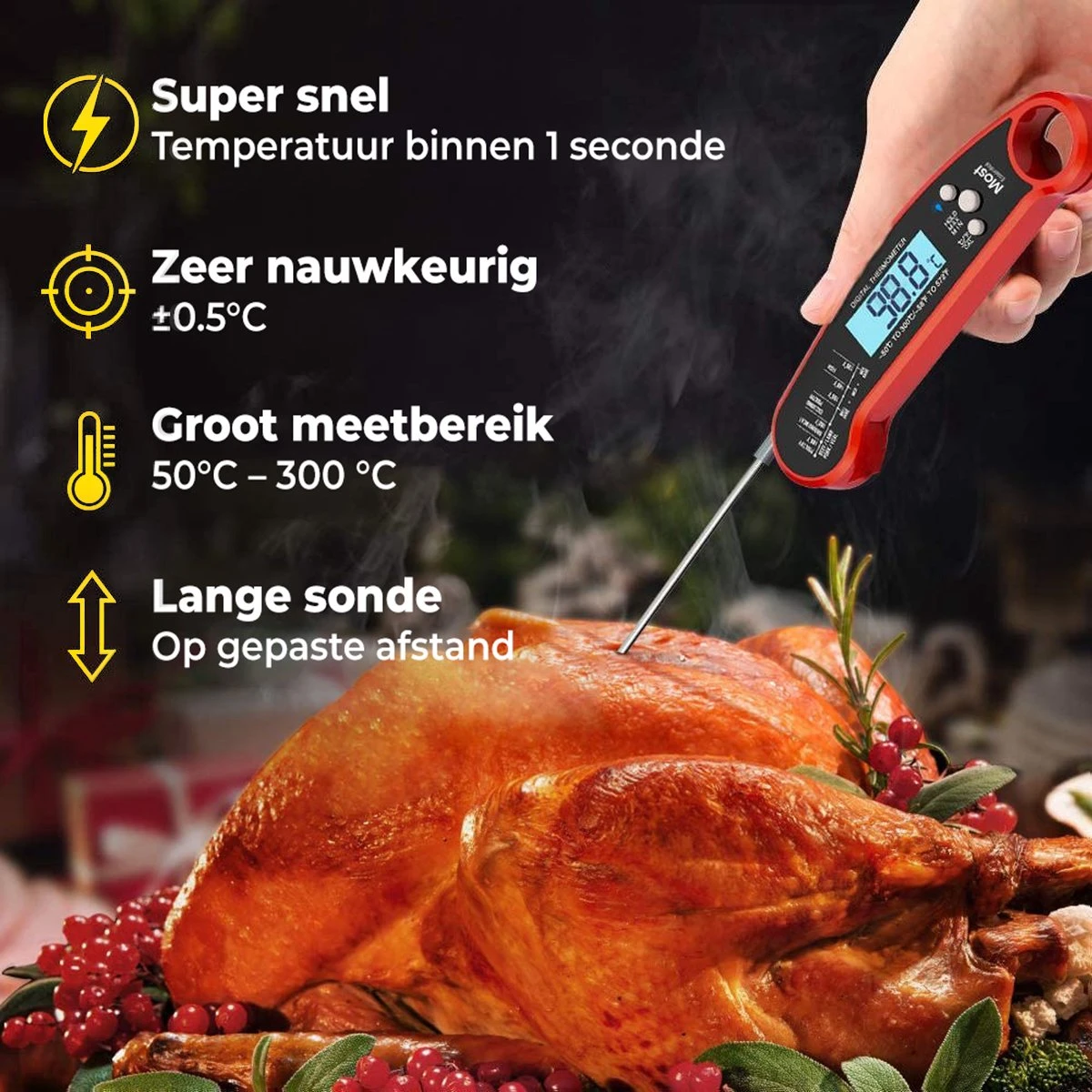 MostEssential Premium Vleesthermometer - BBQ Thermometer - Kernthermometer - Suikerthermometer - Voedselthermometer - Thermometer Koken - Keuken Thermometer - Digitaal – Draadloos - Waterdicht - Afbeelding 4